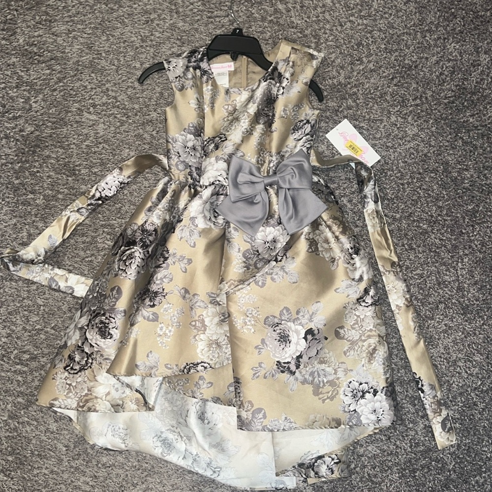 Bonnie Jean Formal Floral Silver/Gray and Gold Dress Size 7 - Picture 1 of 4
